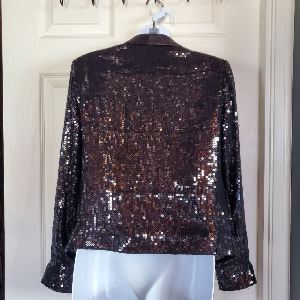 Alice + Olivia Black Warren Sequined Open Blazer Jacket Black Satin Collar Open - Picture 7 of 15